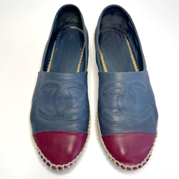 CHANEL CC Blue Red Lambskin Leather Espadrilles Flats Loafers EU 38 fit US 7 - Picture 2 of 14